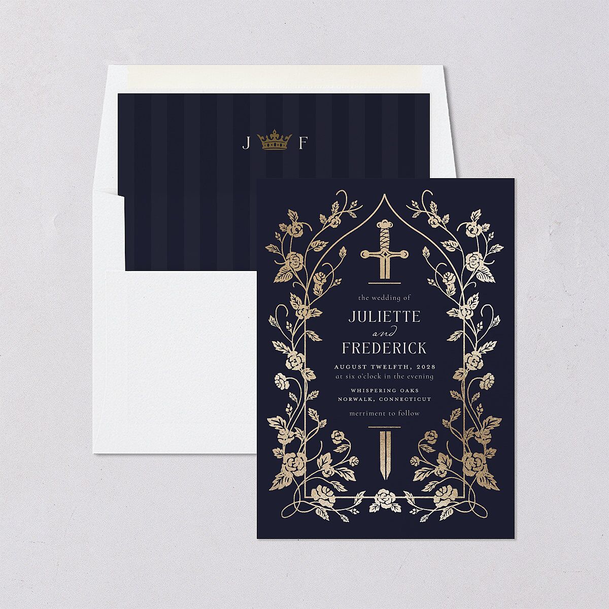 Sword and Roses Fantasy Garden Foil Envelope Liners Dark Navy Standard