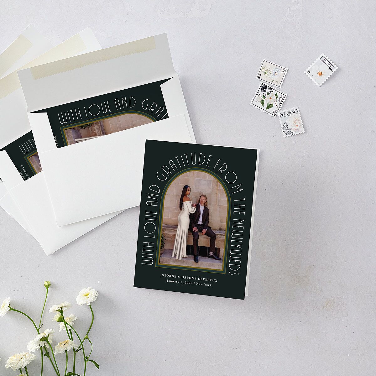 Gatsby Deco Arch Thank You Cards Dark Emerald