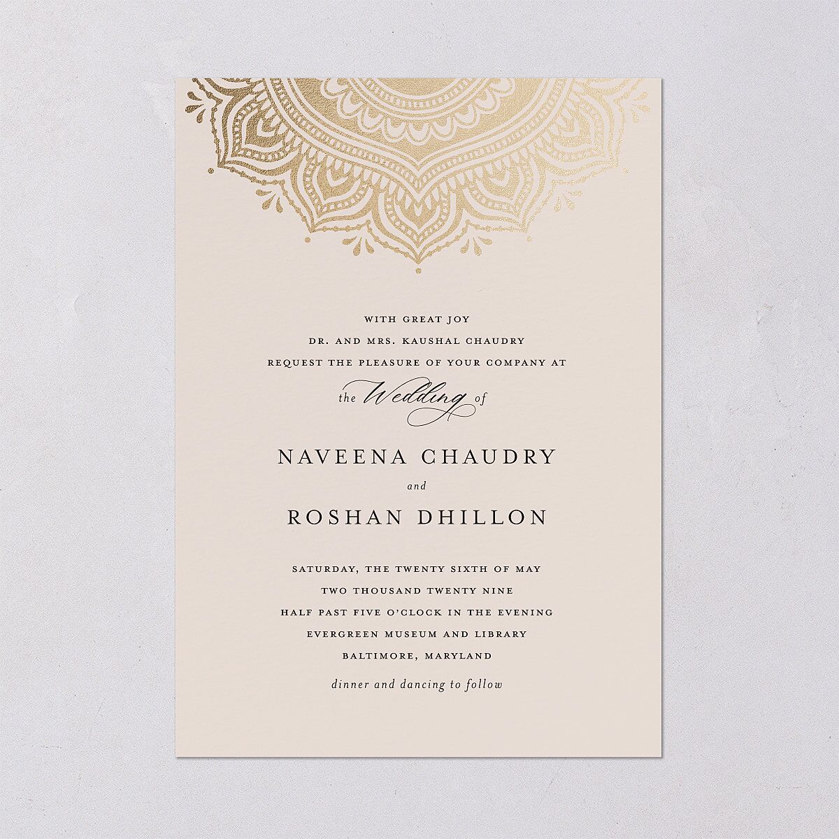 Indian Gilded Adornment Wedding Invitations Gold Sand Signature Blank No Standard