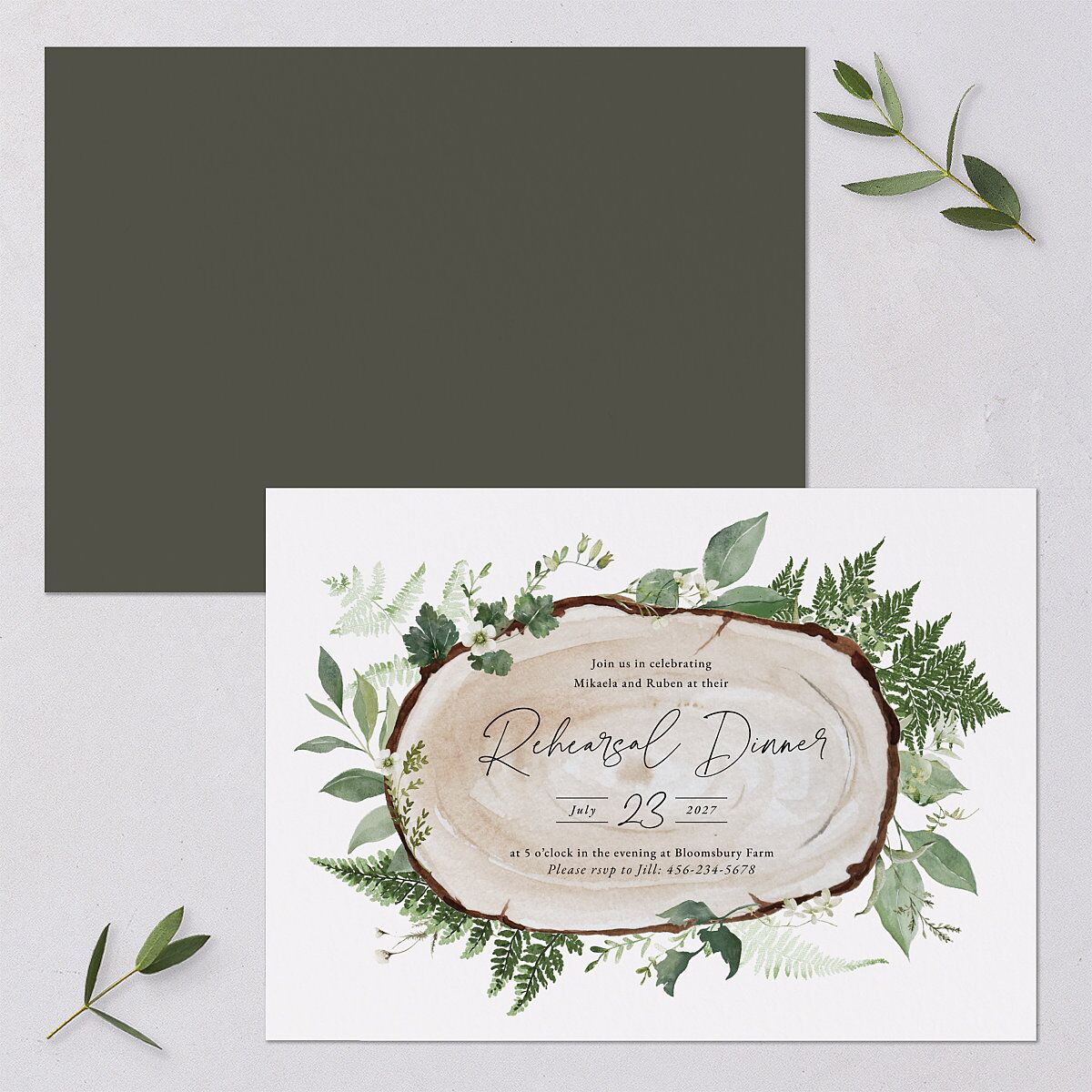 Fairytale Woodgrain Slab Rehearsal Dinner Invitations Pure White Signature Blank Standard