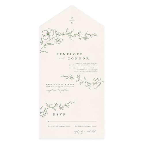 Graceful Botanical Foil All-in-One Wedding Invitations Greenery Signature Light Both Recipient and Return Addresses No