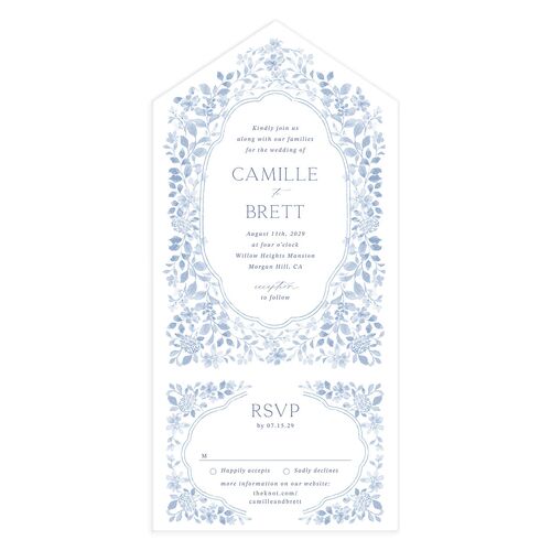 Porcelain Blue Floral Watercolor All-in-One Wedding Invitations Cornflower Signature Light Both Recipient and Return Addresses No