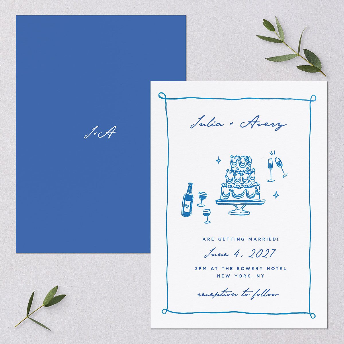 Hand Drawn Cake Wedding Invitations French Blue Signature Blank No