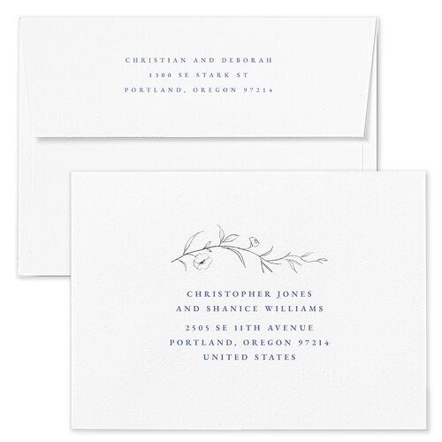 Graceful Botanical Wedding Invitation Envelopes White Regency Blue Both Recipient and Return Addresses Standard Signature