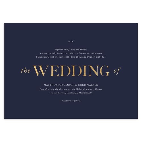 Classically Stated Wedding Invitations Navy Gold No Signature Blank Standard