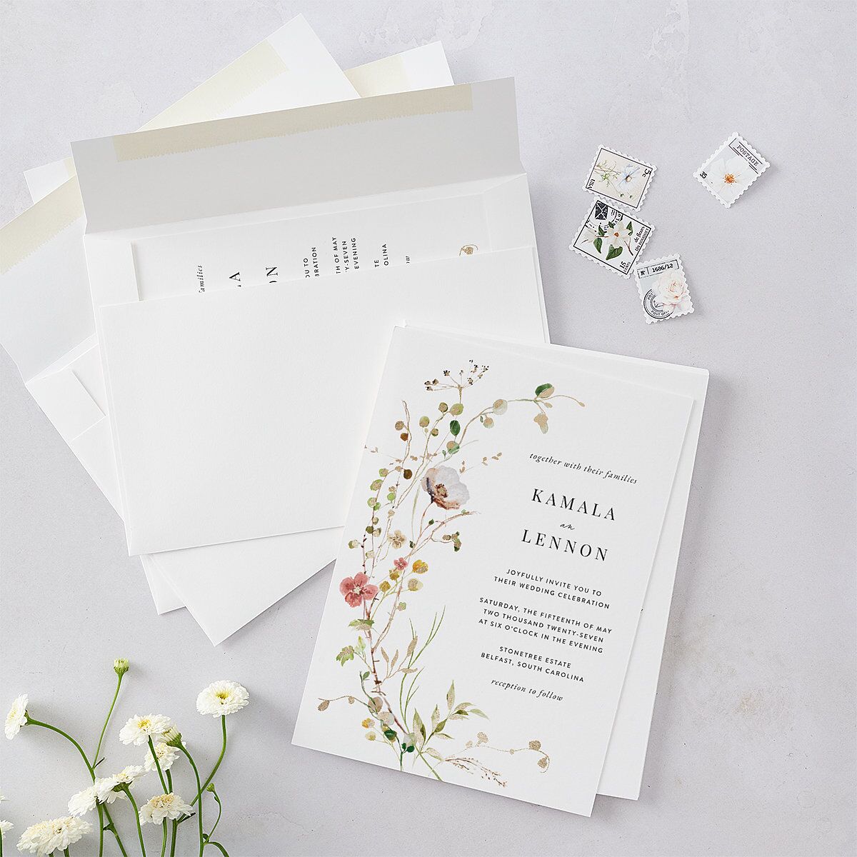 Glistening Wildflower Foil Wedding Invitations Gold Soft Peach Signature Blank No Standard