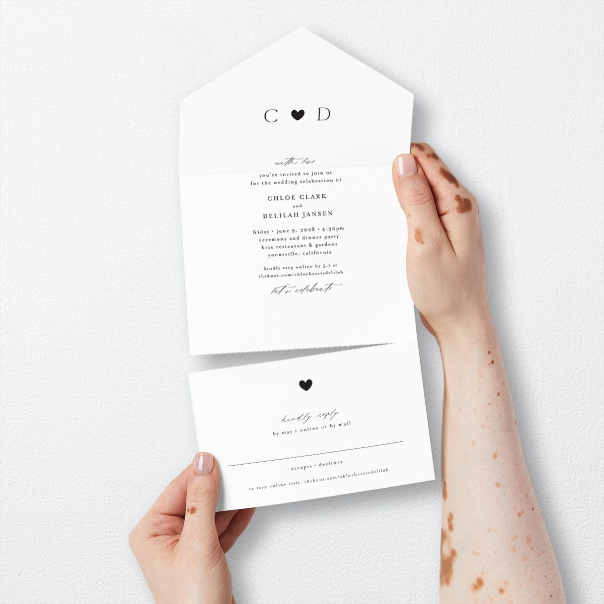 Dainty Heart All-in-One Wedding Invitations Pure White No Signature Light Both Recipient and Return Addresses