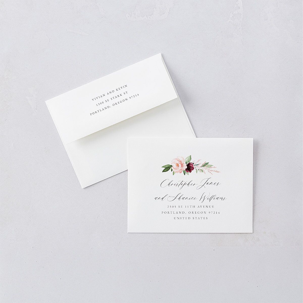 Beloved Floral Save the Date Petite Card Envelopes White Dark Berry Both Recipient and Return Addresses Signature Standard