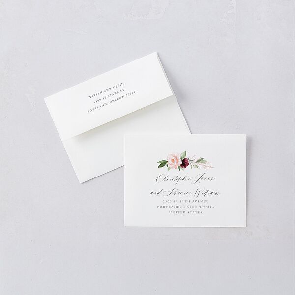 Beloved Floral Save the Date Petite Card Envelopes White Dark Berry Both Recipient and Return Addresses Signature Standard