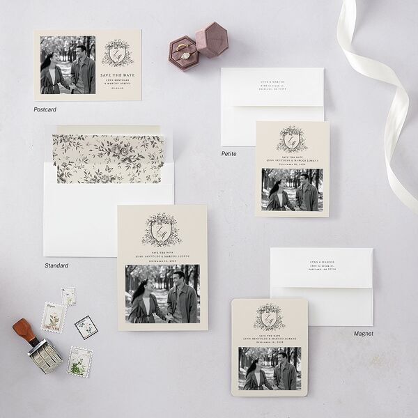 Rose Crest Photo Save the Date Postcards Linen