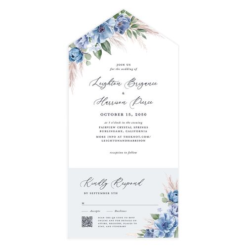 Pampas and Eucalyptus Floral All-in-One Wedding Invitations Cornflower Signature Light Both Recipient and Return Addresses No