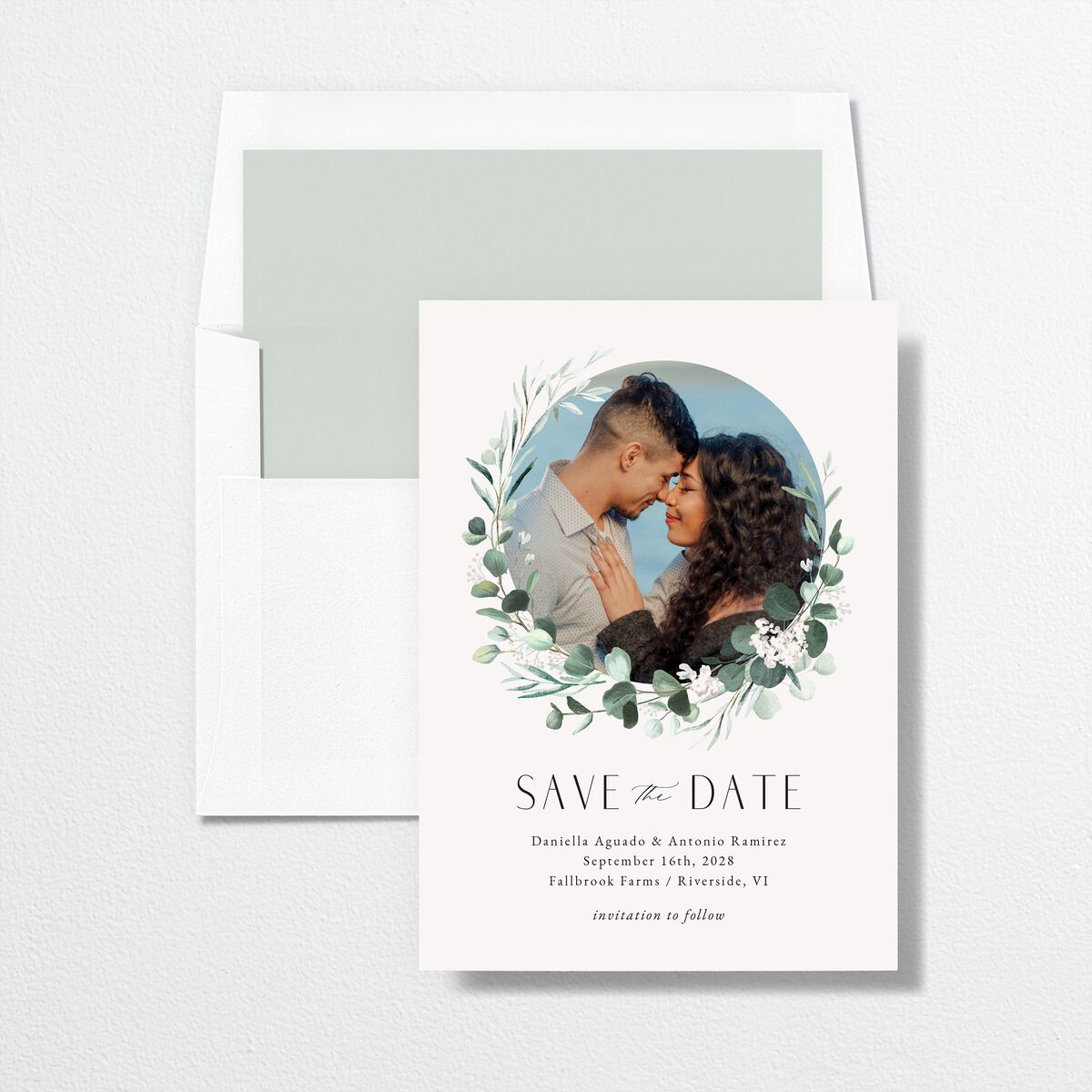 Eucalyptus Hoop Save the Date Cards Pure White Signature smooth No