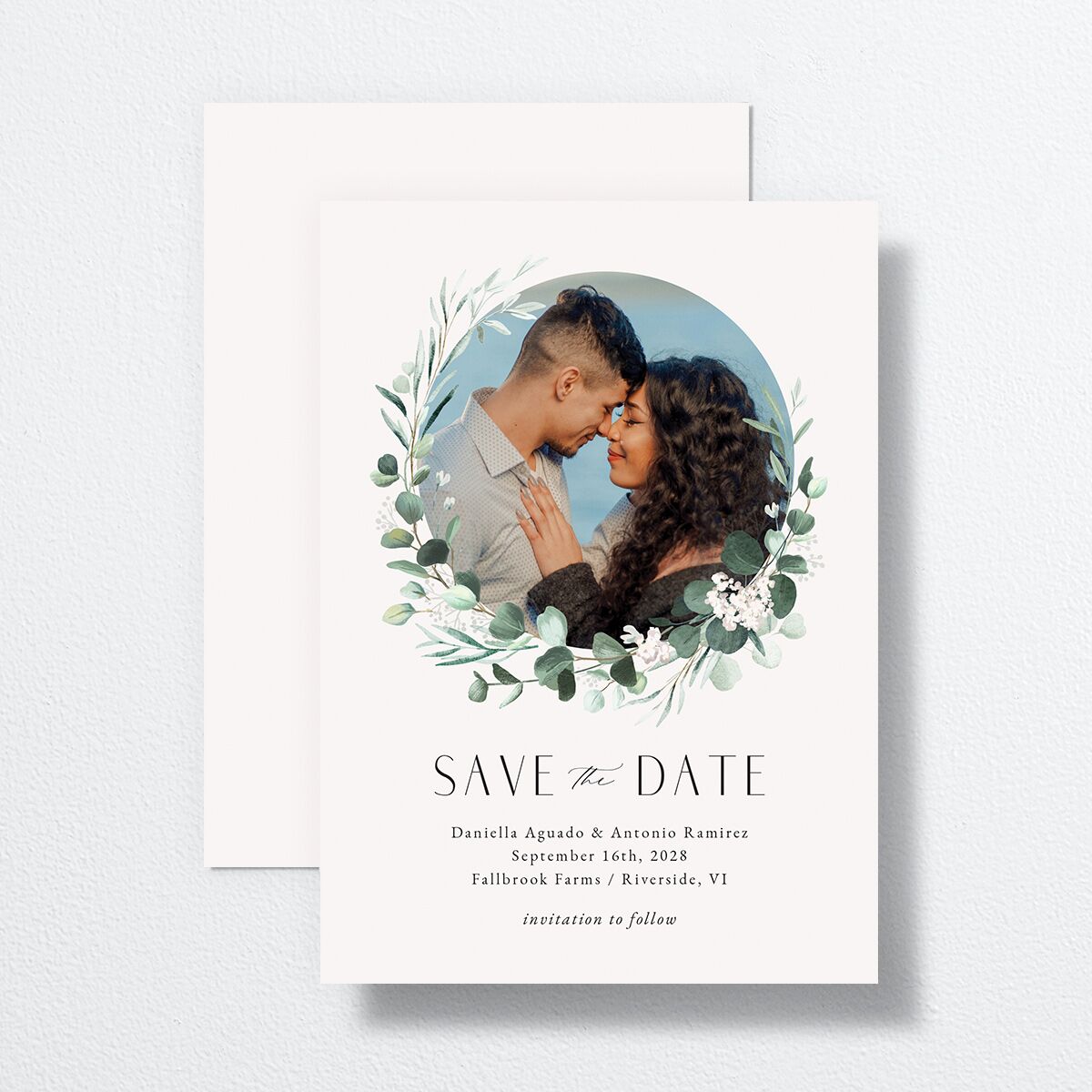Eucalyptus Hoop Save the Date Cards Pure White Signature smooth No