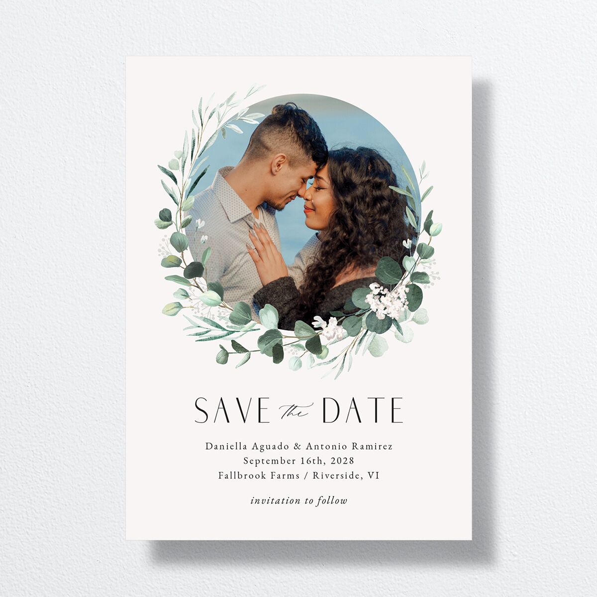 Eucalyptus Hoop Save the Date Cards Pure White Signature smooth No