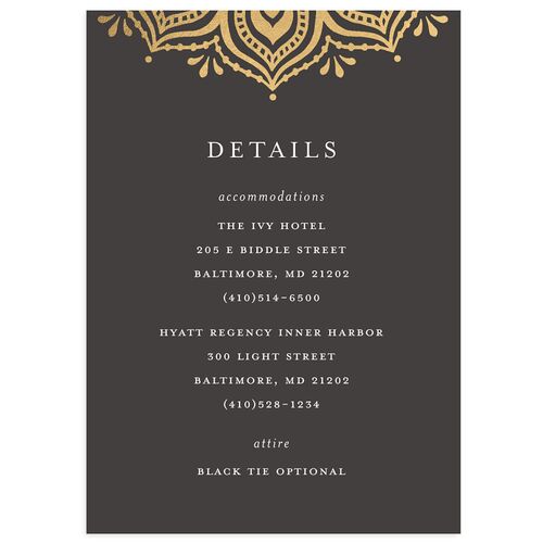Indian Gilded Adornment Wedding Event Detail Cards Gold Charcoal Signature Standard