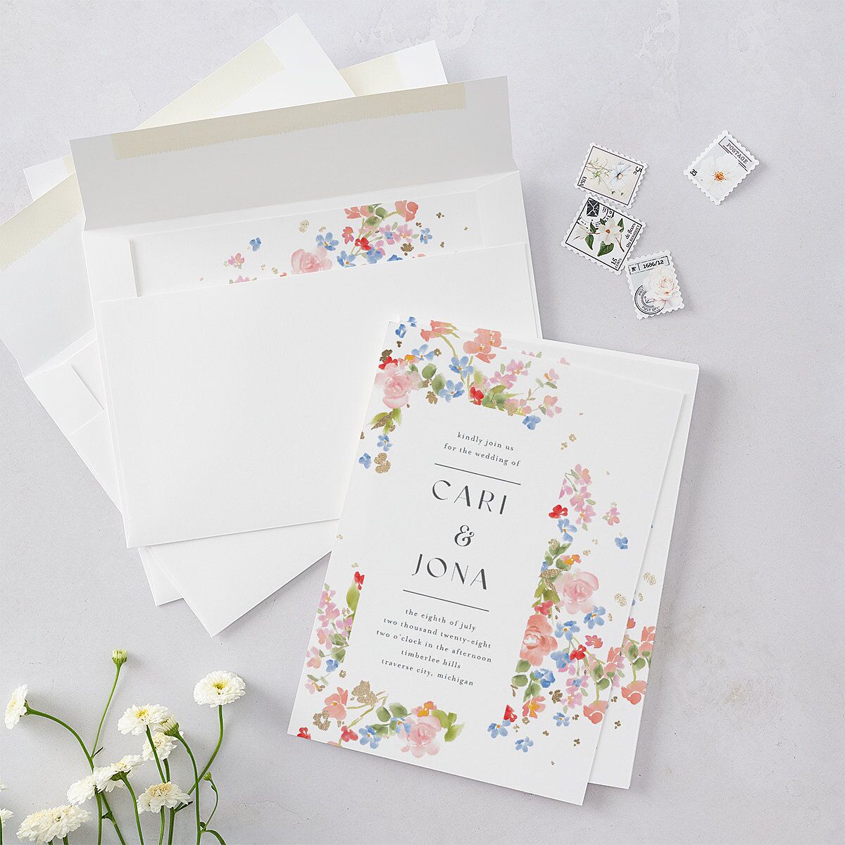Scattered Blossoms Wedding Invitations Gold Pastel Blue Signature Blank No