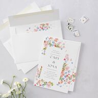 Scattered Blossoms Wedding Invitations Gold Pastel Blue Signature Blank No