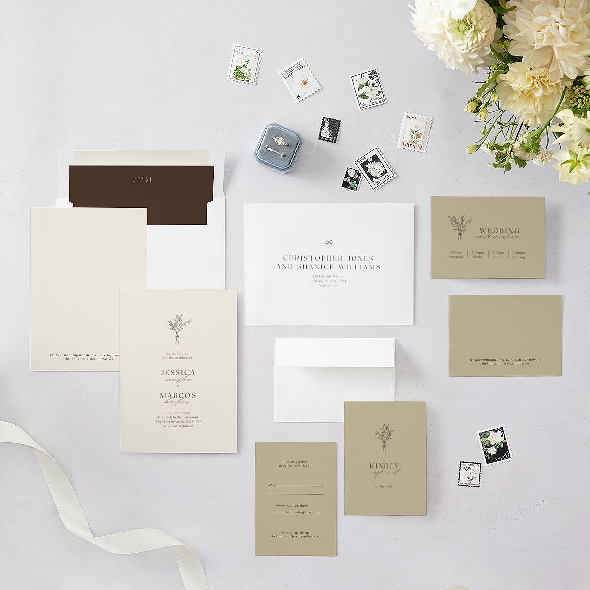Simple Boho Flowers Wedding Invitations Champagne Signature Blank No Standard