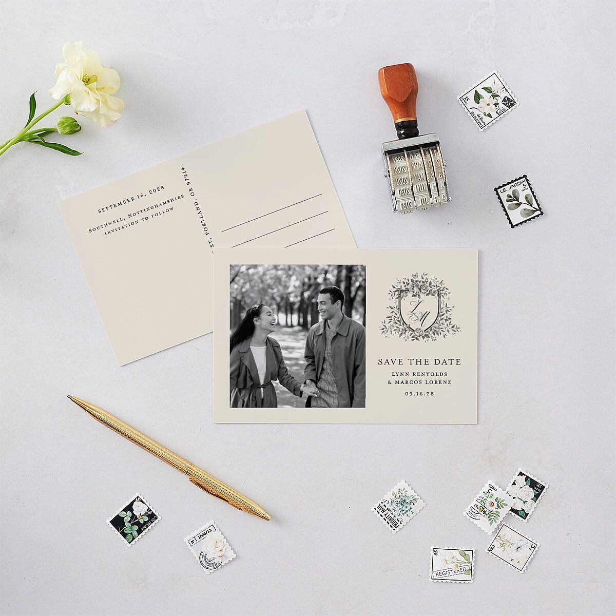 Rose Crest Photo Save the Date Postcards Linen