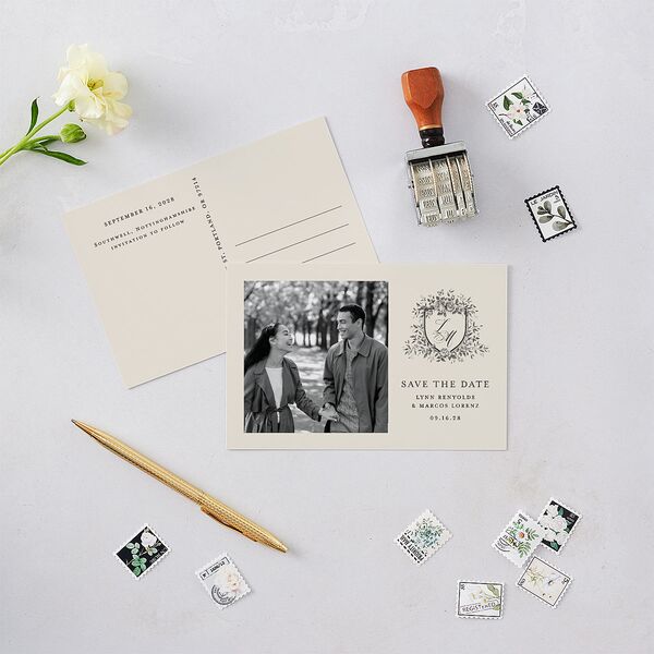 Rose Crest Photo Save the Date Postcards Linen