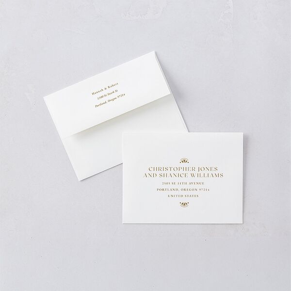 Antique Scallop Frame Save the Date Petite Card Envelopes White Linen Both Recipient and Return Addresses Signature Standard