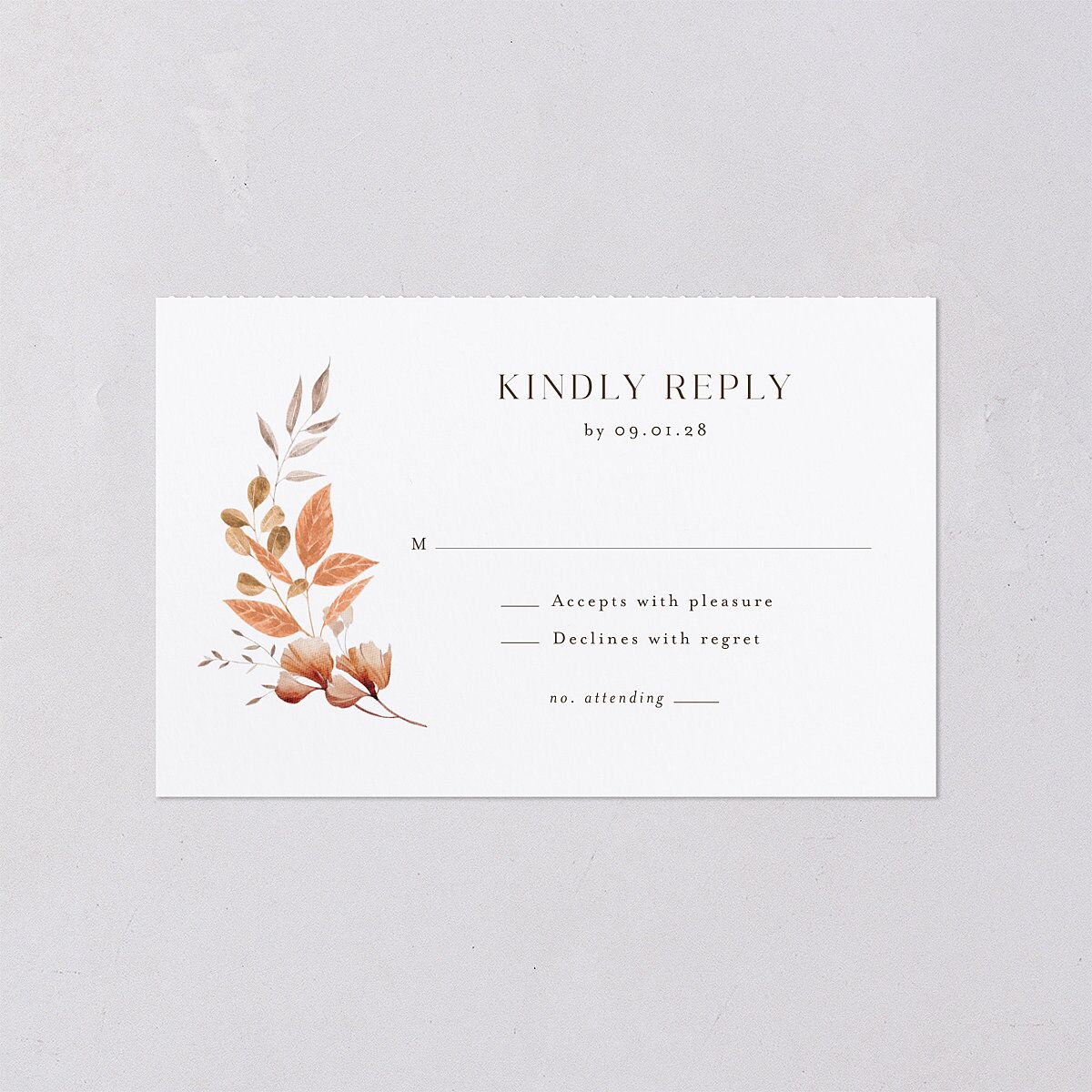 Leafy Rustic Monogram All-in-One Wedding Invitations Raw Sienna Signature Light Both Recipient and Return Addresses No