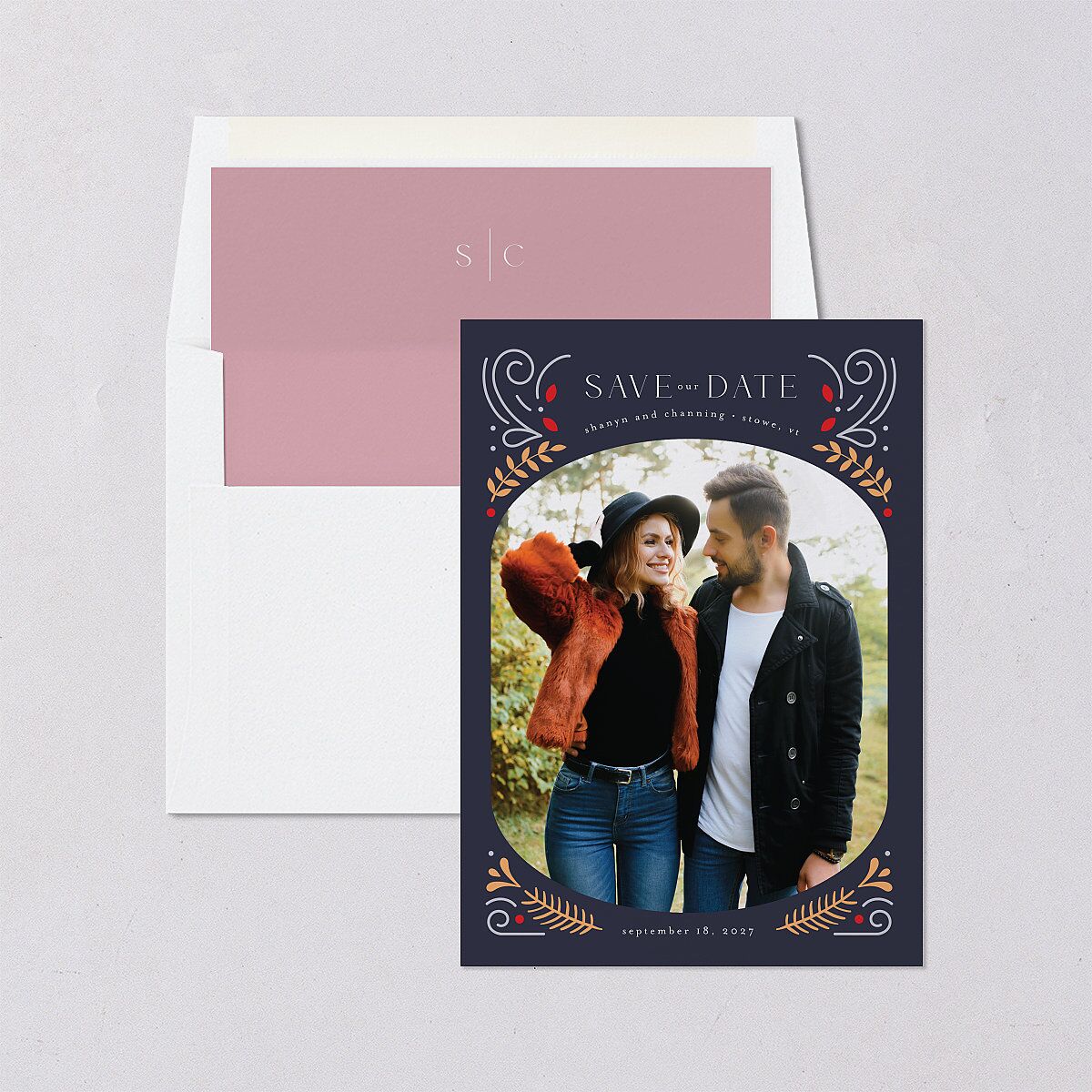 Nordic Folk Save The Date Cards Dark Navy Signature smooth Blank No Standard