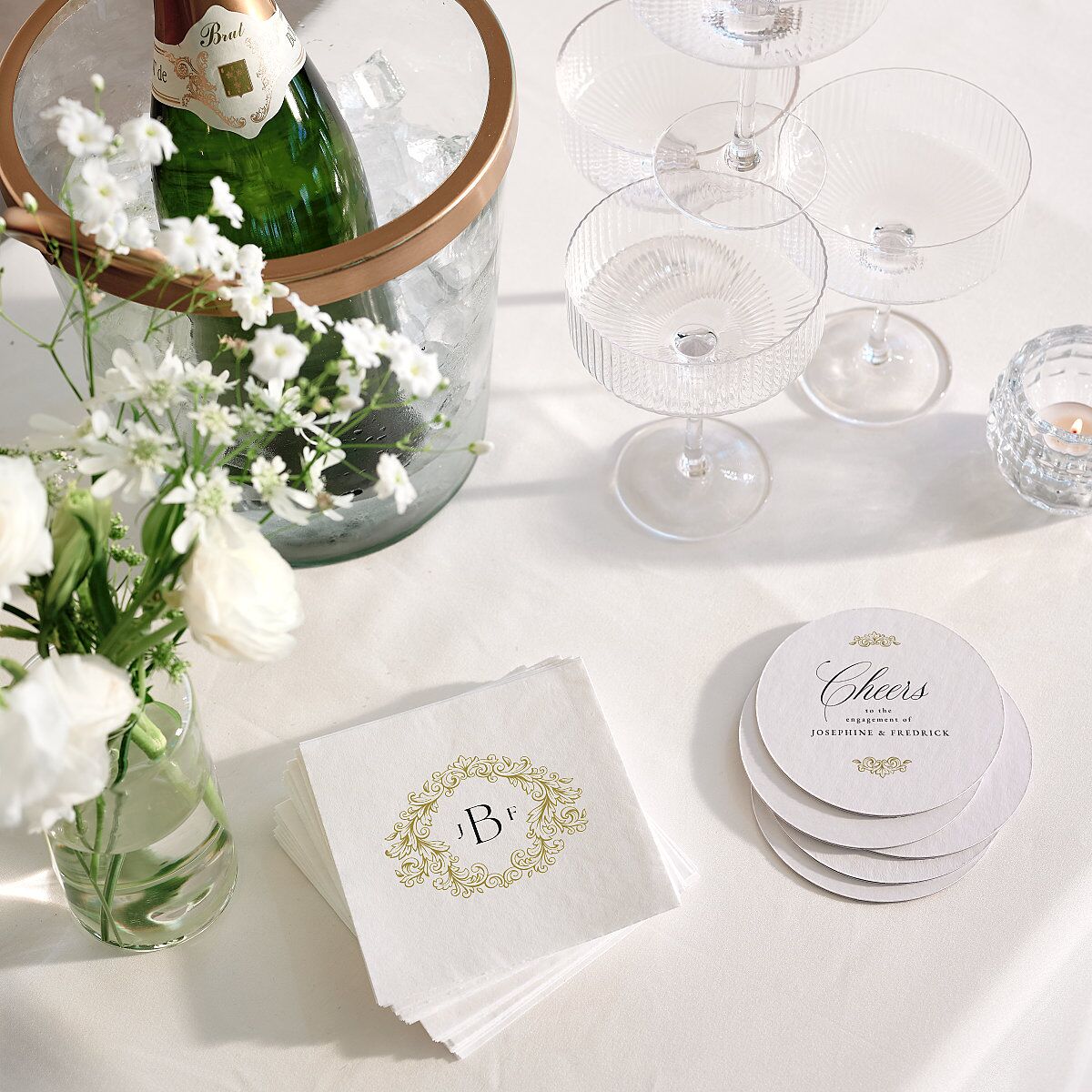 Black Tie Crest Engagement Party Cocktail Napkins Pure White Napkin Uncoined