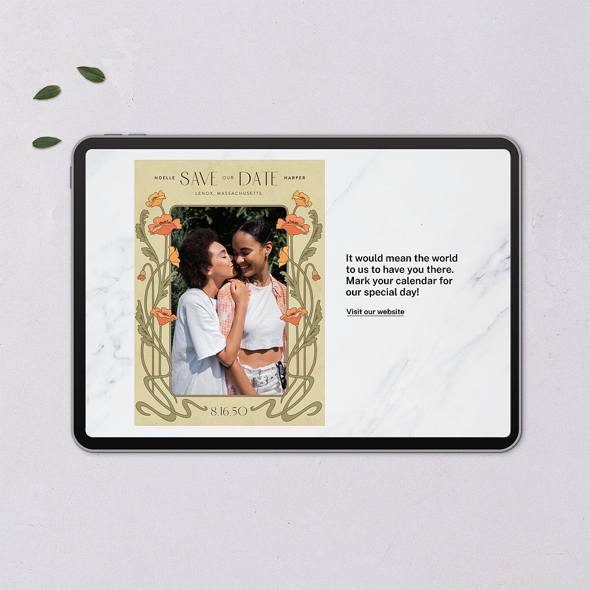 Vintage Nouveau Floral Digital Save the Date Cards Pear Dusty Blue Lets Celebrate Standard