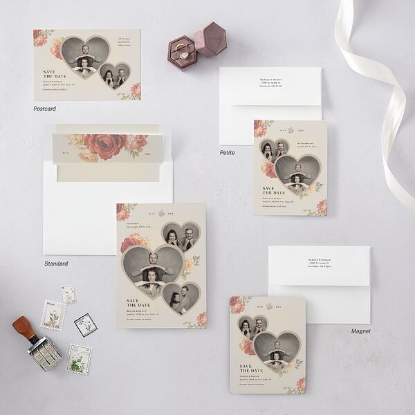 Vintage Awkward Photo Hearts Save the Date Postcards Barely Peach