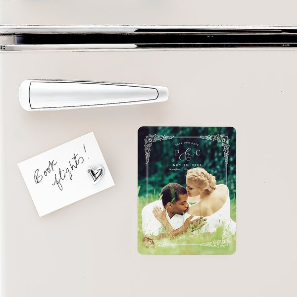 Glamorous Crown Monogram Crest Save The Date Magnets by Bridgerton Pure White Magnet Paper