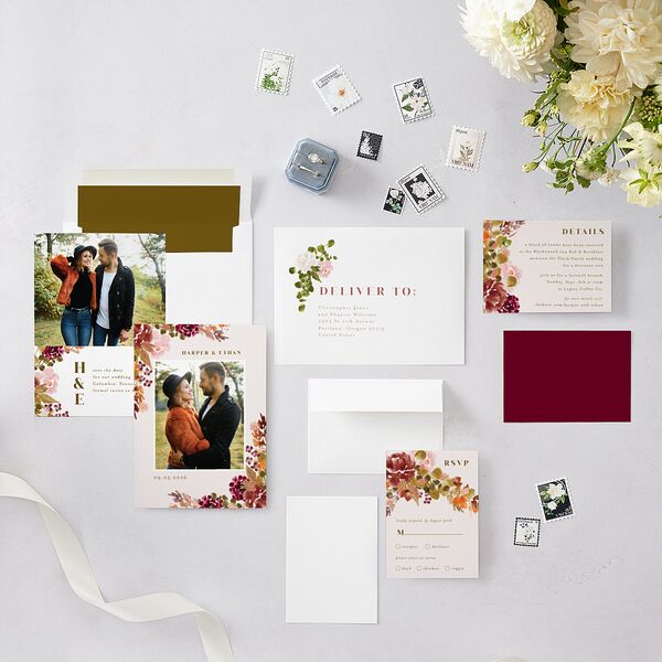 Fall Garland Save The Date Cards Rose Gold Peony Signature smooth Blank No Standard