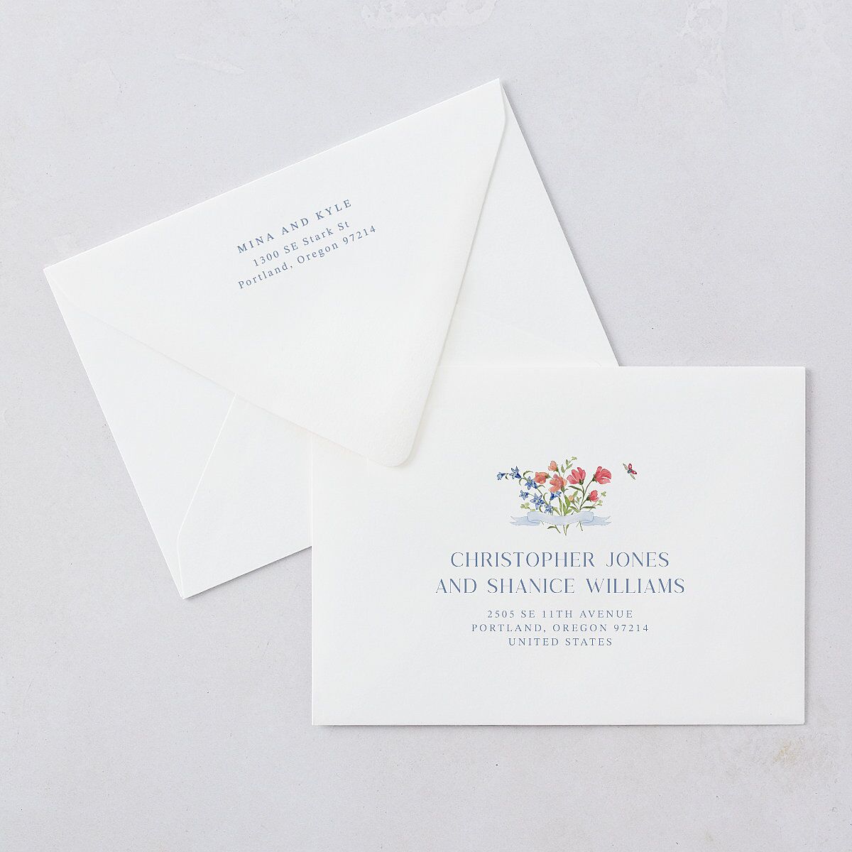 Fairytale Wildflower Crest Save The Date Card Euro Envelopes White Pure White Both Recipient and Return Addresses Luxe Signature