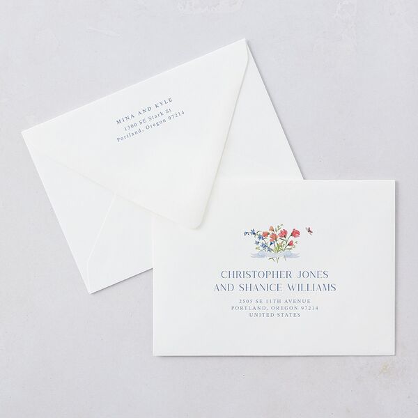 Fairytale Wildflower Crest Save The Date Card Euro Envelopes White Pure White Both Recipient and Return Addresses Luxe Signature