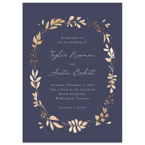Leafy Garland Foil Wedding Invitations Gold Navy Signature Blank No Standard