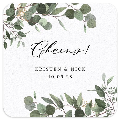 Eucalyptus Frame Wedding Day Coaster Pure White Cardboard Soft Square