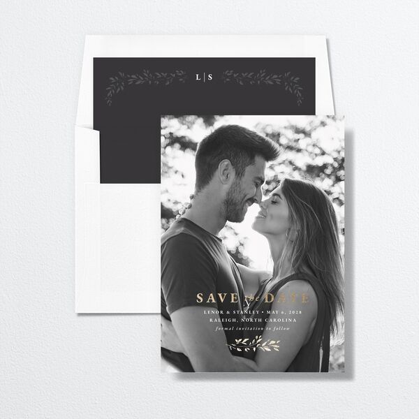 Foliage Accent Save the Date Cards Licorice Gold No Signature smooth