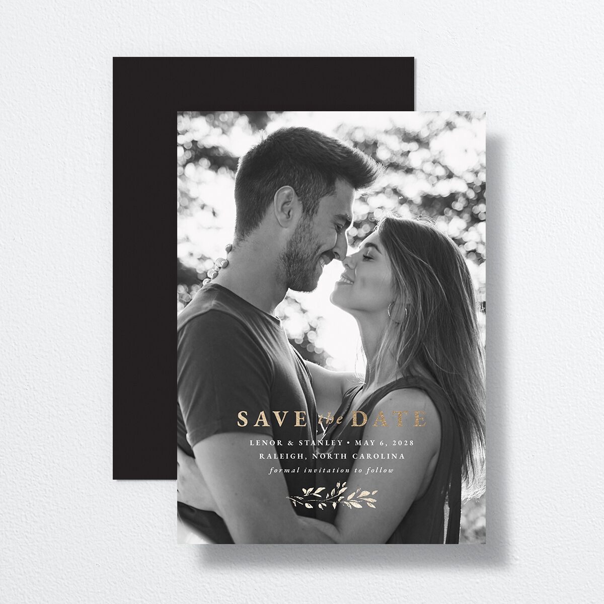 Foliage Accent Save the Date Cards Licorice Gold No Signature smooth