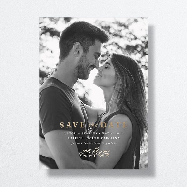 Foliage Accent Save the Date Cards Licorice Gold No Signature smooth