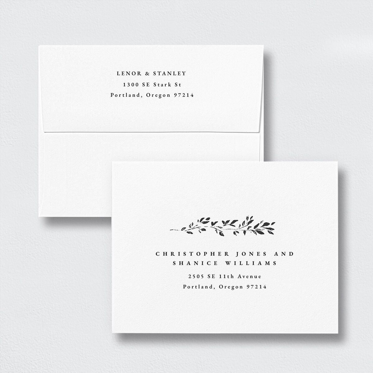 Foliage Accent Save the Date Petite Card Envelopes Licorice White Standard Both Recipient and Return Addresses Signature