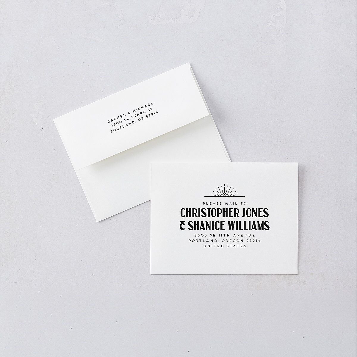 Vintage Art Deco Photo Save the Date Petite Card Envelopes Off-White White Both Recipient and Return Addresses Signature Standard