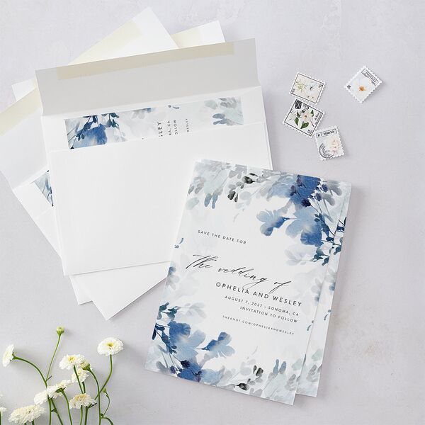 Watercolor Blooms Save The Date Cards Midnight Navy Signature smooth Blank No Standard