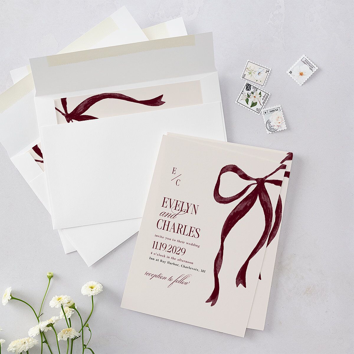 Whimsical Hand Drawn Bow Wedding Invitations Burgundy Signature Blank No Standard
