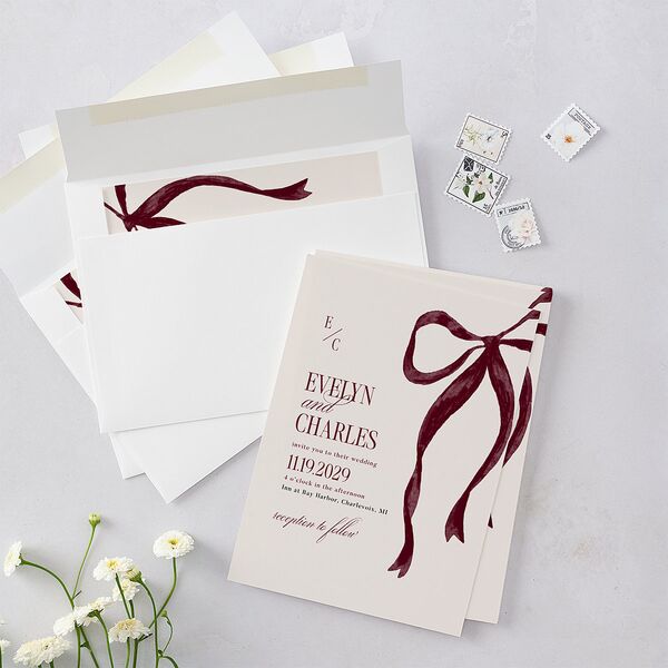 Whimsical Hand Drawn Bow Wedding Invitations Burgundy Signature Blank No Standard