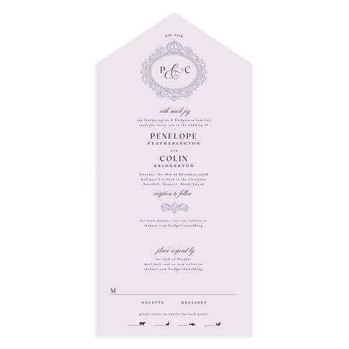 Glamorous Crown Monogram Crest All-in-One Wedding Invitations by Bridgerton Sheer Lilac Signature Light Both Recipient and Return Addresses No