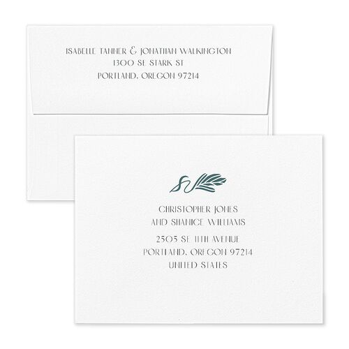Elegant Nouveau Thank You Card Envelopes White Dark Emerald Both Recipient and Return Addresses Signature Standard