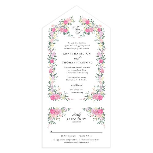 Formal Regency Monogram Floral All-in-One Wedding Invitations Mulberry Signature Light Both Recipient and Return Addresses No