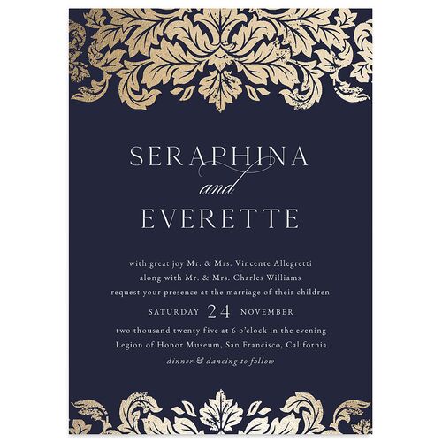 Elegant Damask Wedding Invitations Gold Navy Signature Blank No Standard