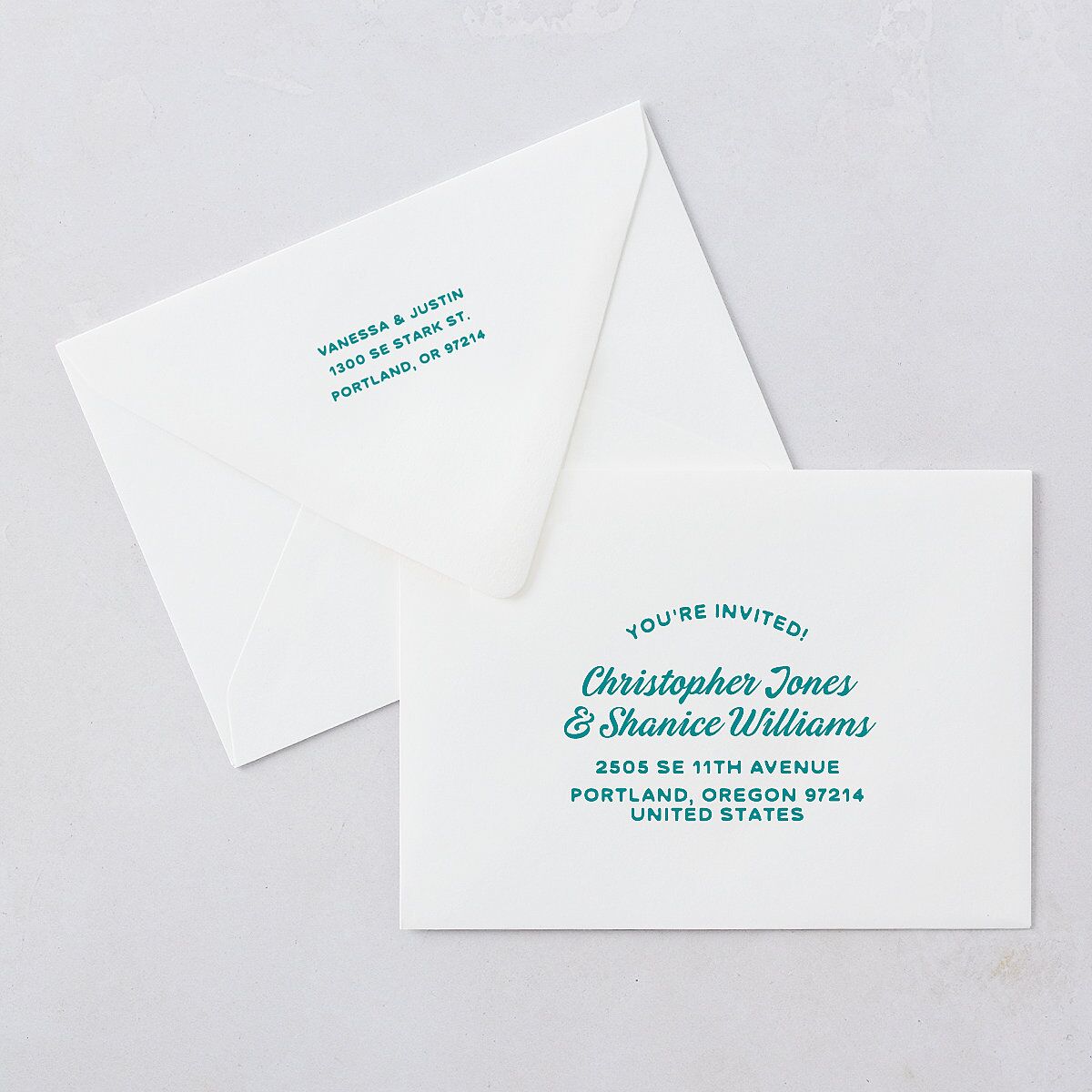 Illustrated Retro Coastal Beach Save The Date Card Euro Envelopes White Turquoise Both Recipient and Return Addresses Luxe Signature