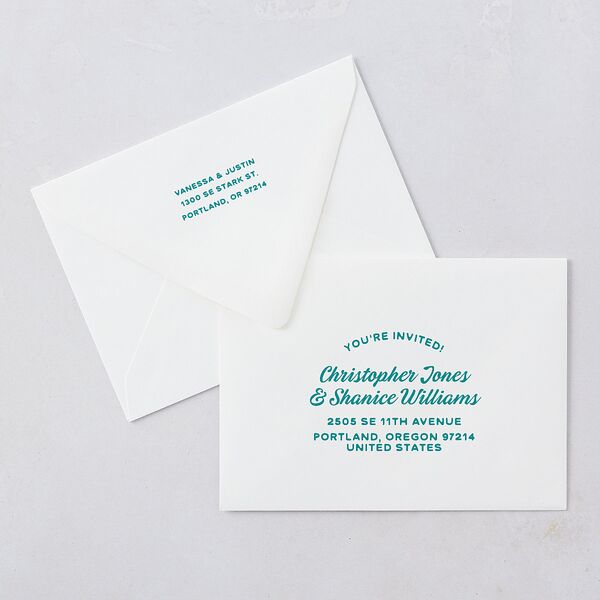 Illustrated Retro Coastal Beach Save The Date Card Euro Envelopes White Turquoise Both Recipient and Return Addresses Luxe Signature